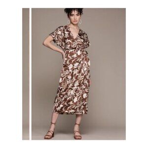 MNG Mango Women's Floral Print Midi Maxi Satin Wrap Dress Brown Cream Small NWOT